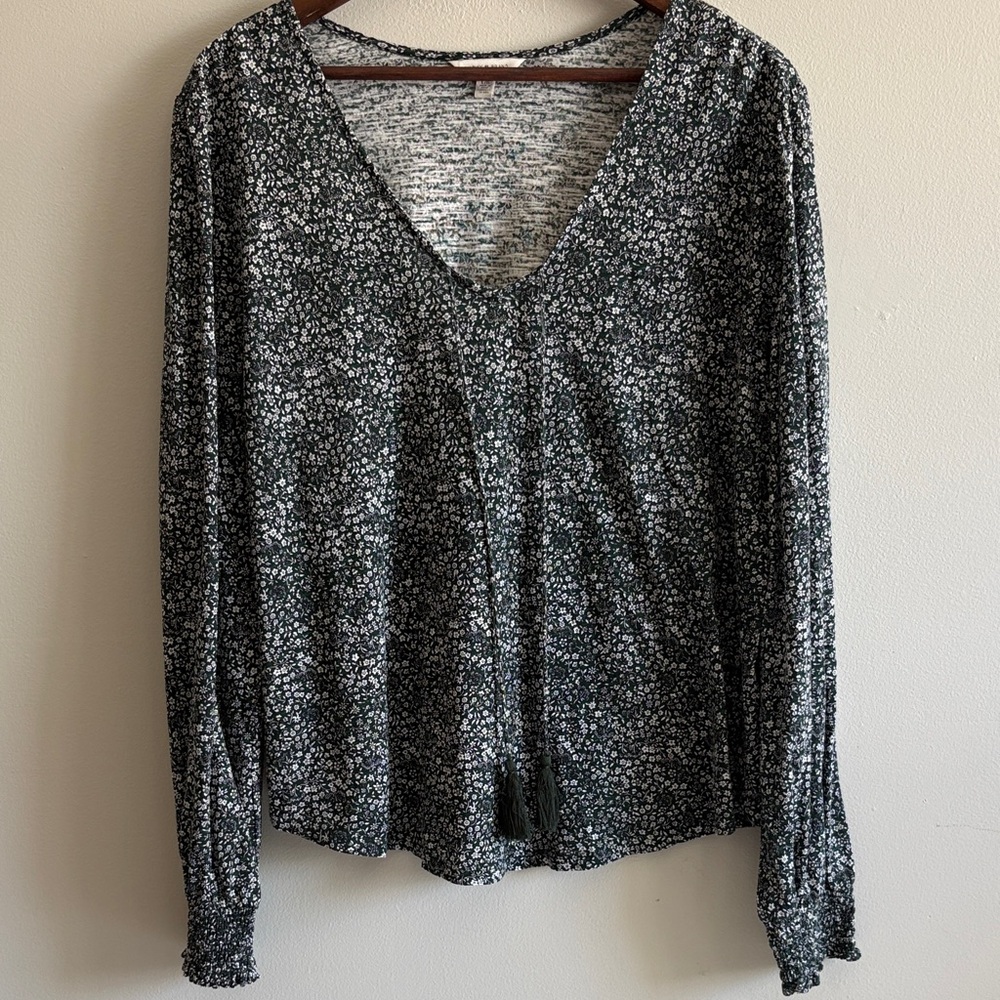 Lucky Brand Green Floral Boho Peasant‎ Top Tassel L